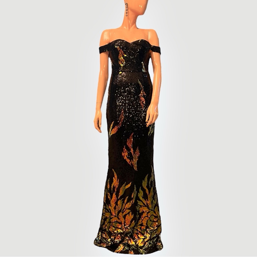 LOVE & LEMONADE NWT Off Shoulder Sequin Floral Mermaid Gown Maxi Wedding Guest